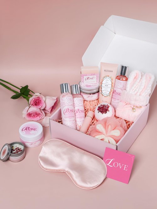 Valentine's Day Gifts for Her, 16Pcs Rose Spa Bath & Body Care Set with Bath Bombs & Lotions, Relaxing Home Spa Gift Kit for Mom Wife Girlfriend, Ideal for Mother’s Day Birthday Women Gift Sets