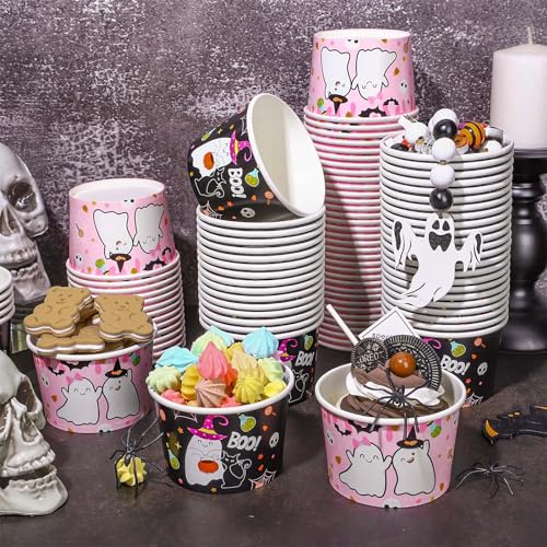 Halloween Ghost Snack Cups Set - 100 Disposable Paper Bowls for Parties & Desserts