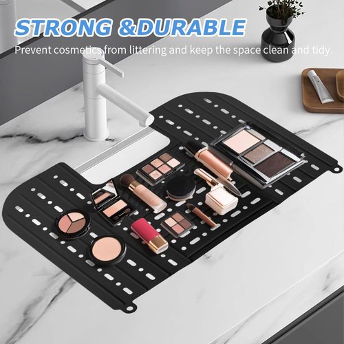 Kryslanix Bathroom Sink Cover for Counter Space With Storage Bag, 22 * 17" Foldable Sink Cover,Silicone Beauty Makeup Brush Cleaning Mat,for Counter Space & Storage Saver(black)