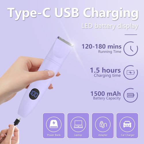 3-in-1 Bikini Trimmer for Women, IPX7 Waterproof Electric Shaver for Women-Rechargeable Electric Razors for Pubic, Facial & Body Hair Trimmer with LED Display, Travel Kit & Painless Blades (Purple)