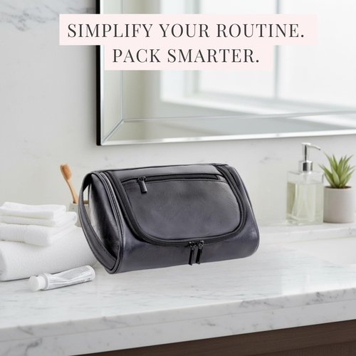 Cumbanho Mens Toiletry Bag, Compact Dopp Kit for Men Travel, PU Leather Shaving Kit, Water-Resistant Minimalist Organizer with Wrist Strap, Fits Grooming Essentials,Black