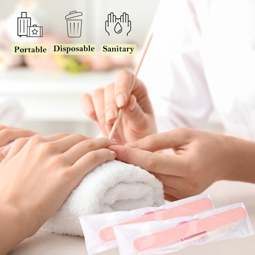 Disposable Manicure Kit - 50pc Set, Includes Mini Nail Buffer, Nail File, Wood Stick, OPP Bag, Press On Nail Tool Kit for Salon & Home (Pink)