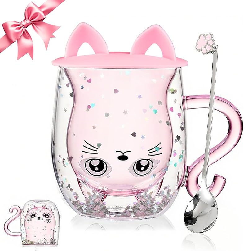 Glittery Pink Cat Mug - Double Walled Glass Coffee Latte Cup for Cat Lovers