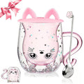 Glittery Pink Cat Mug - Double Walled Glass Coffee Latte Cup for Cat Lovers
