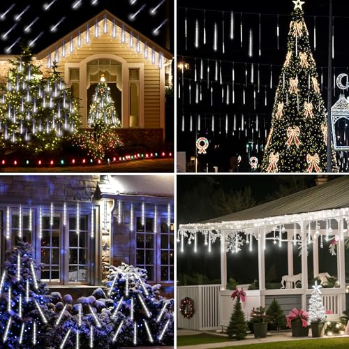 Outdoor Christmas Meteor Shower Lights 24 Tubes White - 30ft Decorative LED String