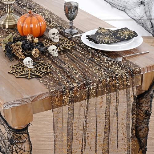 Black Gold 6-Piece 10FT Sheer Gauze Chiffon Tulle Sequin Table Runner Set