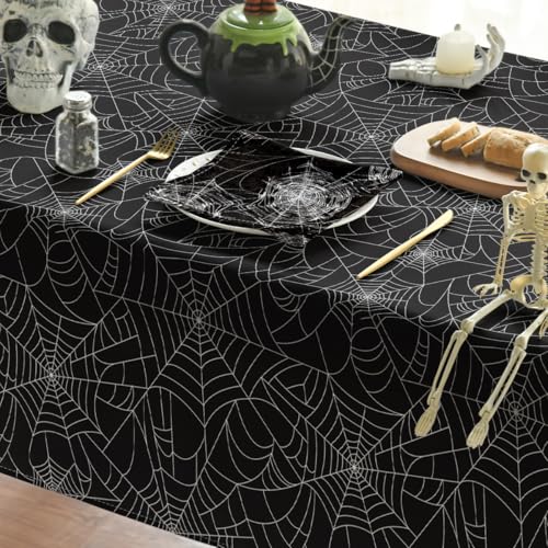 Halloween Tablecloth 60x84 Inch Rectangular Cobweb Black Washable Party Decor