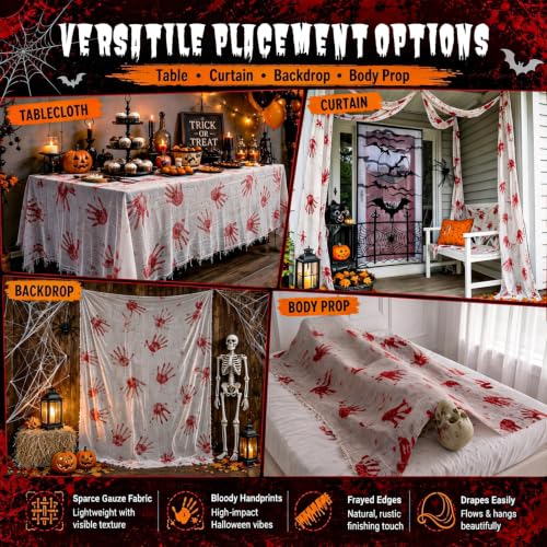 Large Bloody Handprint Halloween Tablecloth - Creepy Fake Blood Stained Cover, 84.6 x 108.3 Inches