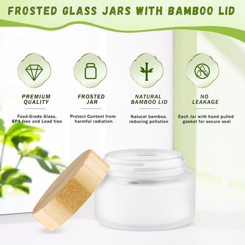 DMuuuDM Glass Bamboo Jars with Lid,Empty Round Frosted Glass Jar Holder with Inner liner,Small Travel Cosmetic Jars for Moisturizer,Foundation,Lotion,Cream,body butter,Candle Making-6 Pcs (100ml)