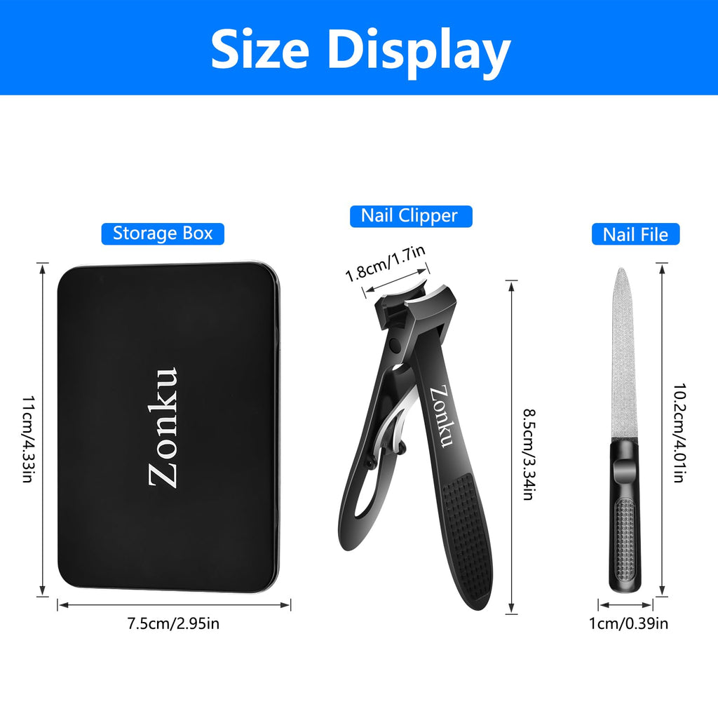 Zonku Toenail Clippers for Seniors Thick Nails,Ultra Wide Jaw Angled Head for Large Toe Nail Clippers for Men Women, Heavy Duty Stainless Steel with Long Handle Cutter,Nail File(Black)