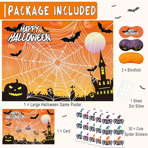 Halloween Spider Pin The Web Game Set for Kids - 30 Reusable Stickers & Web Poster
