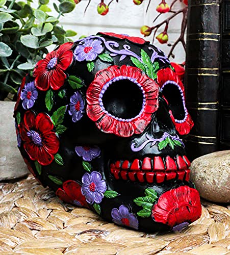 Black Day of The Dead Floral Sugar Skull Figurine - Summer Red & Purple Flowers Variation - Halloween & Dia de los Muertos Decor 6"