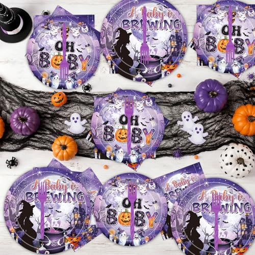 Halloween Baby Shower Decorations 96PCS Tableware Set - Black Pink Gender Reveal