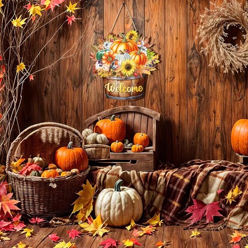 Fall Barrel Welcome Wreath for Front Door - Large Wooden Pumpkin & Maple Leaf Thanksgiving Sign - Farmhouse Autumn Decor