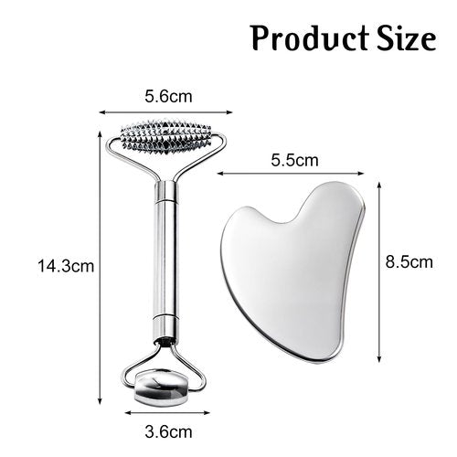erdnretl Gua Sha & Face Roller, Stainless Steel Gua Sha Facial Tools for Face, Eyes,Chin & Jawline Sculpting,Body Gua Sha Tools with Pouch