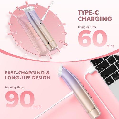 Bikini Trimmer for Women, 2-in-1 Electric Razor for Pubic Hair & Body - Painless Wet/Dry Shaver with IPX7 Waterproof, Rechargeable Cordless Groomer for Legs, Underarm & Face (Mauve)