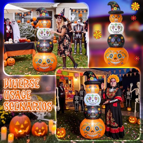 6ft Pumpkin Skull Stack Inflatable Halloween Yard Decor - Day of the Dead Style
