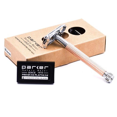 Parker 29L Rose Gold, Long Handle Butterfly Open Double Edge Safety Razor for Men & Women, 5 Parker Premium Platinum Double Edge Razor Blades Included