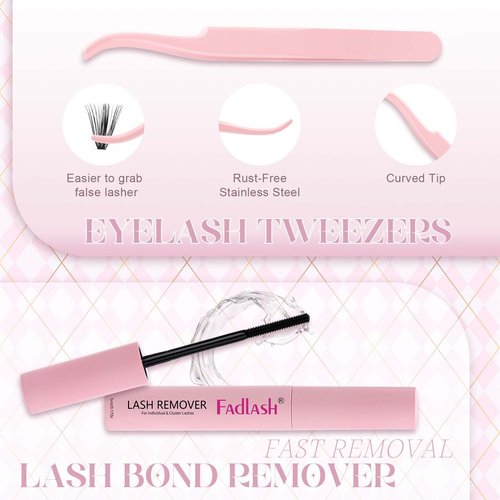 FADLASH DIY Lash Extension Kit Individual Lashes Clusters Lash Bond and Seal, Clusters Lash Glue Remover and Eyelash Tweezers for Eyelash Extensions (40D-0.07D, 12-18mm, Kit)