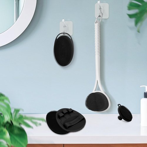 GEENOA Silicone Back Body Face Scrubbers Set 4PCS, 15.35’’ Back Scrubber Soft Body Scrubber for Dual-Side Usage, Easy-to-Hold Soft Bath Glove & Face Scrubber for Good Foaming Deep Cleaning(Black)