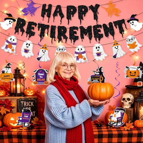 Halloween Retirement Banner Party Decoration - Black & Purple, Ghost & Witch Theme