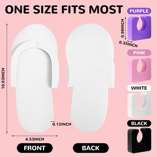 Suhine 120 Pairs Disposable Pedicure Slippers and Toe Separators Kit 40 Pairs Disposable Foam Flip Flops 80 Toe Separators for Women Nail Hotel Salon Spa Party(Black, Purple, White, Pink)