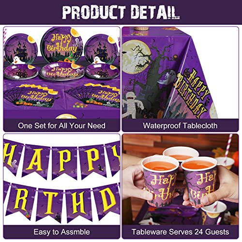 Halloween Birthday Party Supplies Set for 24 Guests - Tablecloths, Banner, Cutlery