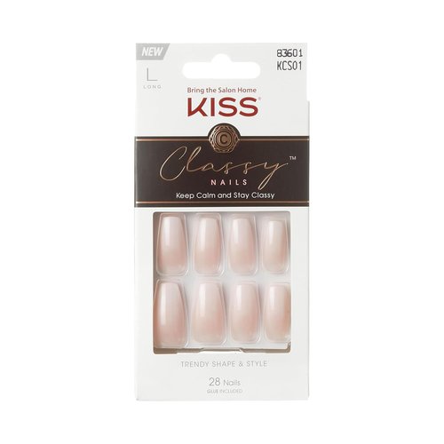 KISS Classy French Nail Manicure Kit - Long Coffin Shaped Nails with Gel Finish | 28 Count, Pink Glue & Accessories