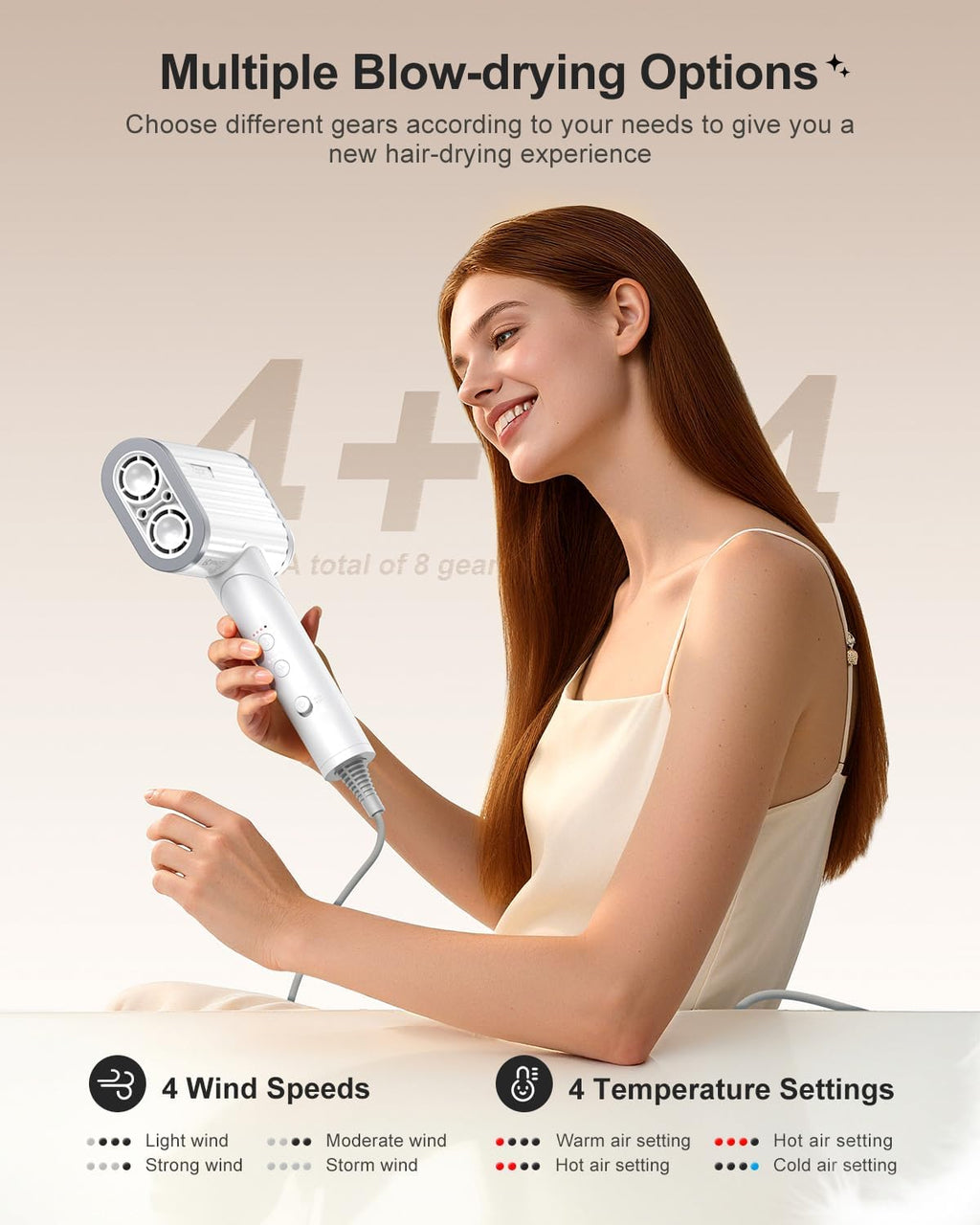 Tqcir Hair Dryer - 220,000 RPM High-Speed Blow Dryer with 500 Million Ionic Technology | Low-Noise, 4 Temps & 4 Speeds