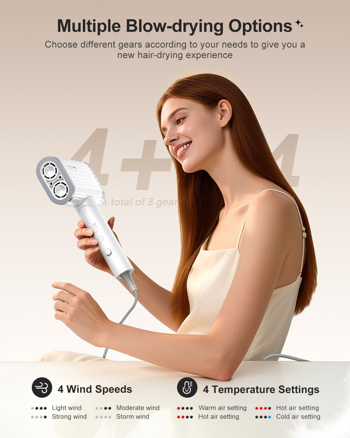 Tqcir Hair Dryer - 220,000 RPM High-Speed Blow Dryer with 500 Million Ionic Technology | Low-Noise, 4 Temps & 4 Speeds