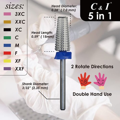 C&I 5 in 1 Multi-function Tapered Shape Nail Drill, Professional Drill Bit for Nail Manicure Machine (XF)