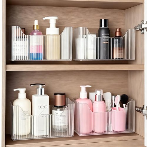 Acrylic Wall Mounted Storage Racks,2Pcs Storage Box Shower Basket, Transparent Plastic Makeup Box Stackable Storage Basket for Kitchen Bathroom Cabinet Pantry and Office, with 2 Back Stickers