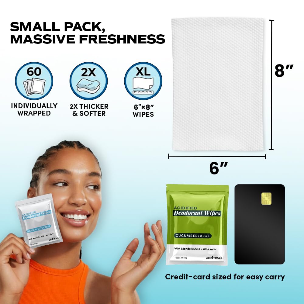 Zero Trace Travel Deodorant Wipes - 60 Count- 24 Hour Odor Control - Aluminum Free Hypoallergenic Mini Deodorant For Women and Men - Individually Wrapped Underarm & Body Wipes- Nature Bliss Trio