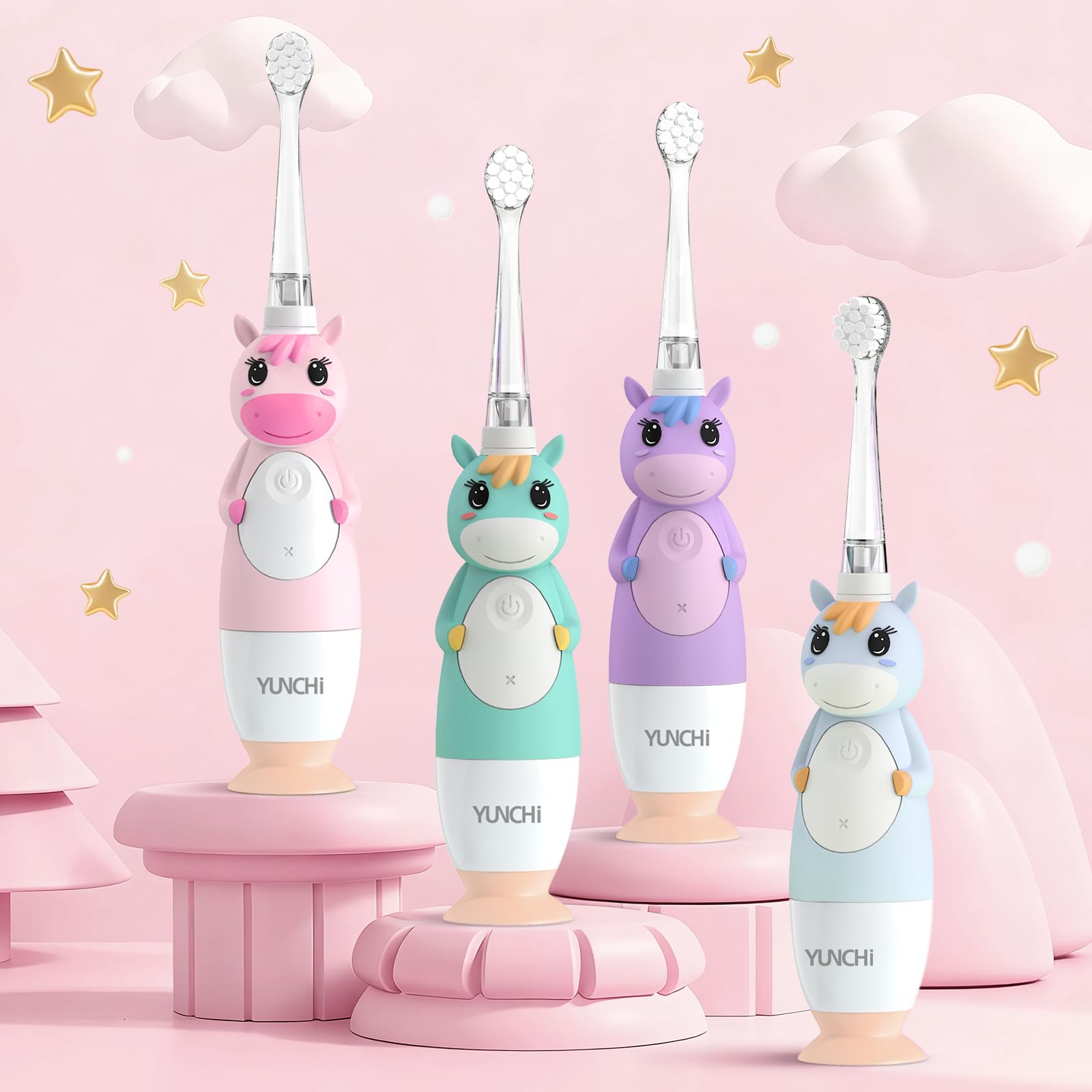 YUNCHI Toddler Electric Toothbrush Kids 0-3-6 Years, Baby Electric Toothbrush with Colorful LED Light, Battery Powered Toddler Toothbrush with 2 Minutes Timer 4 Brush Heads, Infant Toothbrush (Pink)