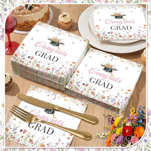 Spring Graduate Floral Paper Napkins 100 Pack - Congrats Grad Design