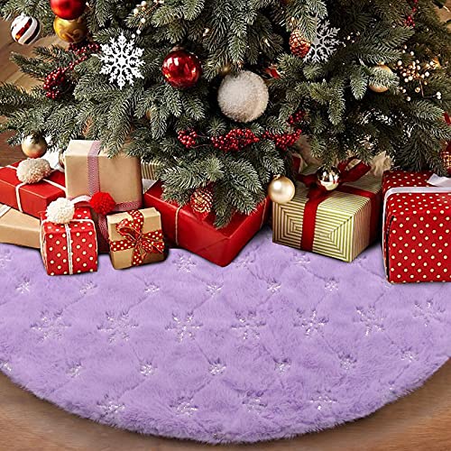 Purple 36 Inch Faux Fur Christmas Tree Skirt with Silver Sequin Snowflake - Holiday Decor