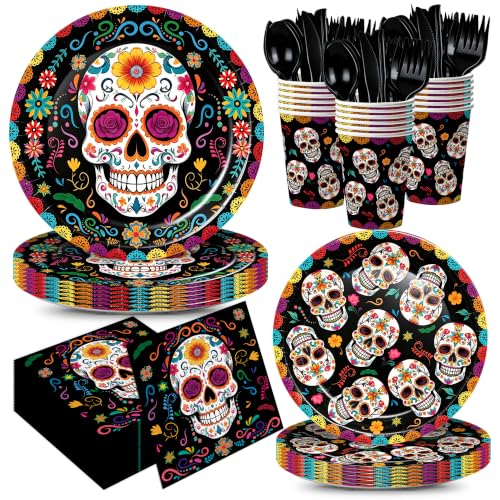 Day of the Dead Party Supplies Set - Sugar Skull Plates Napkins Cups Silverware - Black & Colorful Design