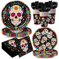 Day of the Dead Party Supplies Set - Sugar Skull Plates Napkins Cups Silverware - Black & Colorful Design