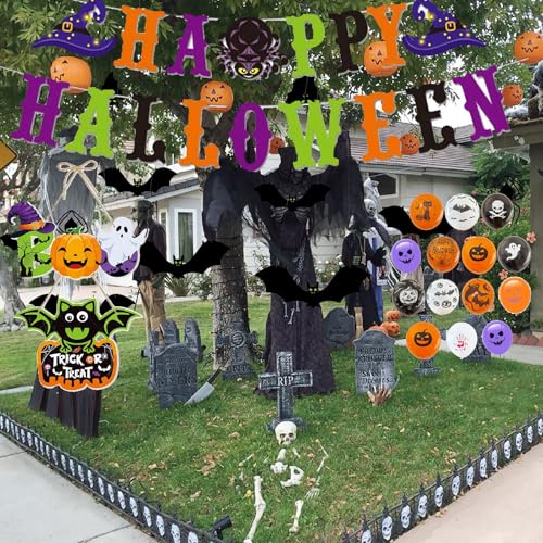 Halloween Decorations Set with Banners, Bats, Webs, Balloons & Photo Props - 100+ Pieces