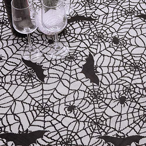 83x60 Inch Halloween Lace Tablecloth - Spider Web & Bat Design, Rectangular Polyester