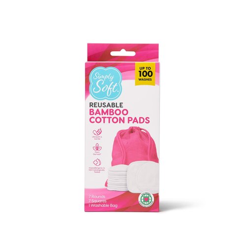 Simply Soft Reusable Cotton Rounds, 14 Count, Makeup Remover Pads for All Skin Types, Sustainable, Minimizes Waste, Dermatologically Tested (7 Rounds and 7 Squares with 1 Washable Mesh Bag)