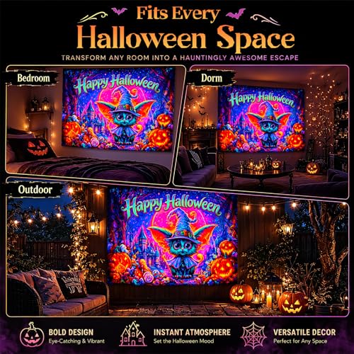 Halloween Wizard Cat UV Reactive Glow Wall Tapestry, 90x70 Inches - Spooky Backdrop