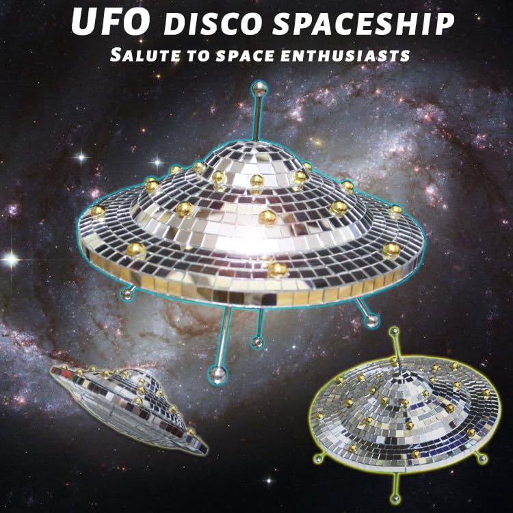 Disco Ball UFO Spaceship Decor - Reflective Mirror Art Craft, 9x6.3 inch