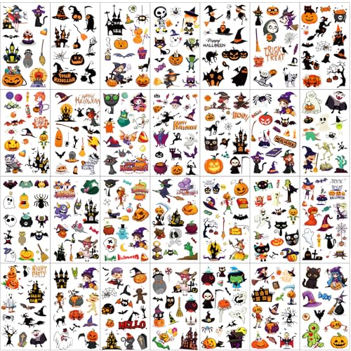 Halloween Pumpkin Temporary Tattoos Stickers - 30 Sheets, 380+ Designs, Kids & Party Decor