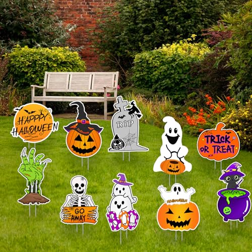 10 Pcs Outdoor Halloween Yard Signs with Stakes - Pumpkin Ghost Decorations for Lawn & Garden