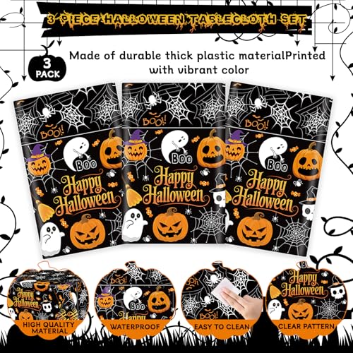 Black Halloween Tablecloth 3 Pack 54x108 Inches Disposable Plastic Cover with Pumpkin Ghost Designs