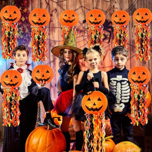 Orange Halloween Pumpkin Hanging Paper Lanterns Set - 12 Pieces Party Decor
