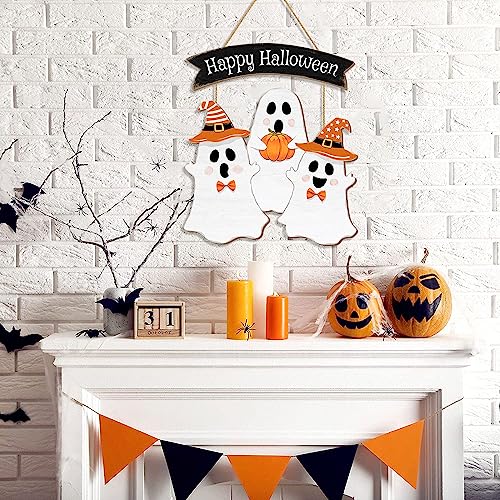 Halloween Ghost Door Sign Set - Three Wooden Ghosts Halloween Decorations for Front Door Wreath Indoor Outdoor - 14.5x12.6in