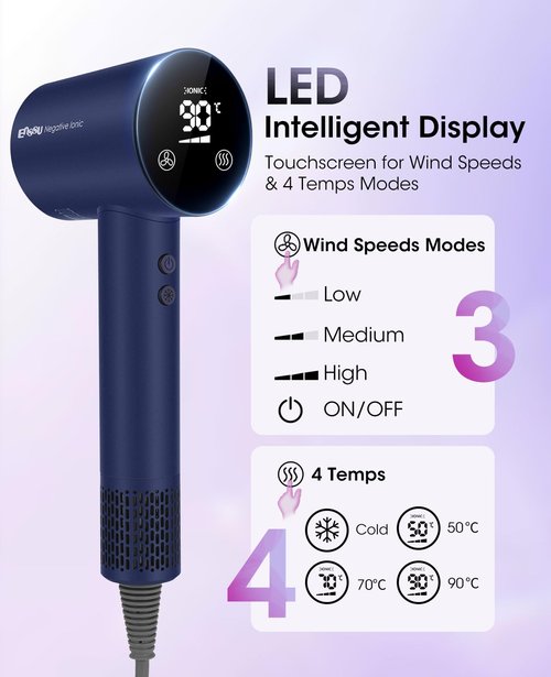 LEMULEGU Hair Dryer,110000 RPM High-Speed Brushless Motor for Fast Drying with HD Digital Display Low Noise Compact Hair Blow Dryer for Curly Hair for Home Travel Salon #201Purple Blue