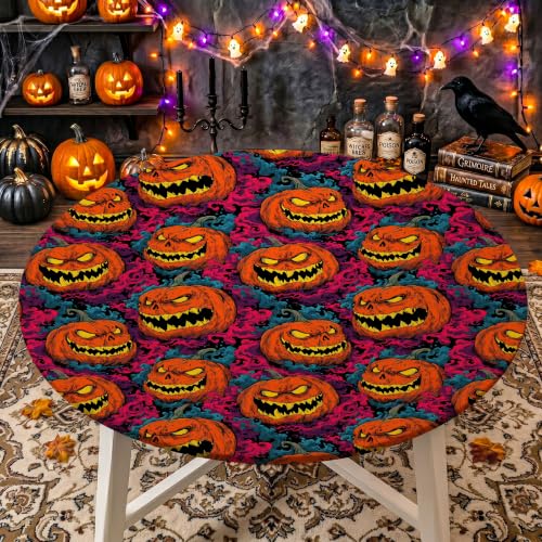 Halloween Fitted Round Tablecloth 49-52 Inch with Pumpkin Head Design - 52 Inches